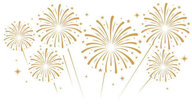 Gold fireworks with bold, rounded starburst trails exploding over a white background. Festive celebration and holiday event vector layout.