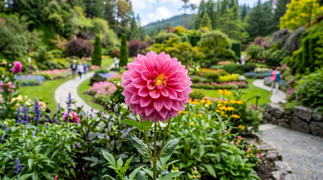 A pink dahlia flower at Butchart Garden in Victoria, BC Canada