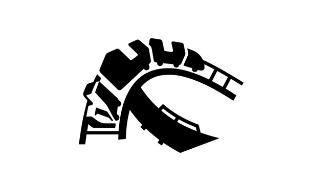 Rollercoaster track curving sharply downward illustrates the excitement and thrill of amusement park rides in a bold, high-contrast graphic icon designed for entertainment and leisure projects.