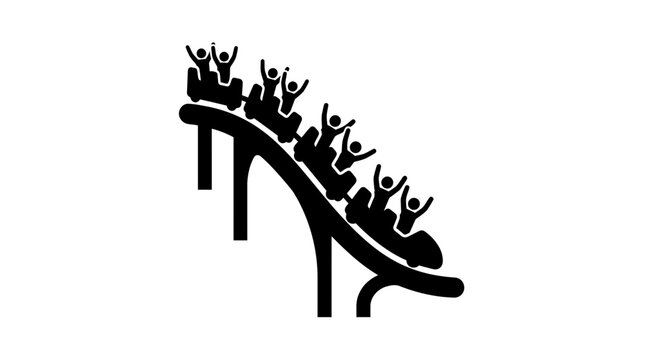 Rollercoaster silhouette depicts a group of excited riders screaming with joy as they descend a steep amusement park track.