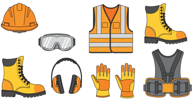 A set of construction safety gear including a hard hat goggles vest boots earmuffs gloves and a tool belt harness