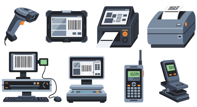 A set of flat color illustrations showing retail and industrial scanning printing and weighing hardware devices