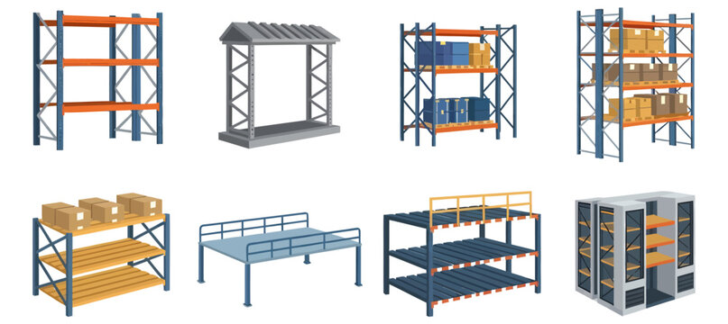 Eight isolated warehouse storage rack designs and shelving systems including pallet racks steel platforms and industrial shelving units