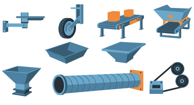 Industrial components including conveyor belts hoppers a pipe a wheel and a mechanical belt drive on white