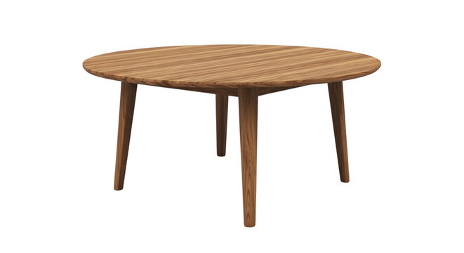 Minimalist wooden round coffee table with tapered legs in natural light modern interior setting