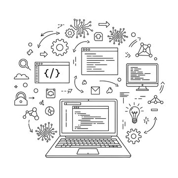 Digital ecosystem hand drawn icons with laptop and programming concept illustration