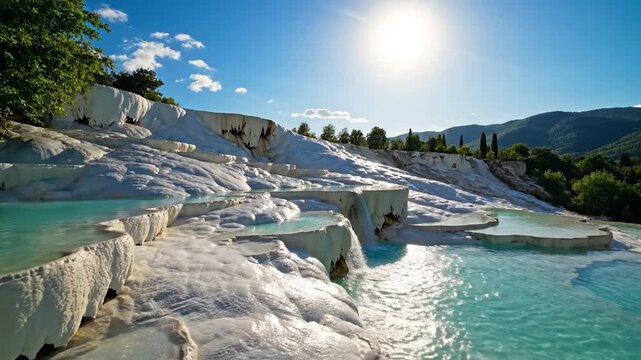 White travertine terraces and turquoise thermal pools at Pamukkale Turkey under a bright sun and blue sky