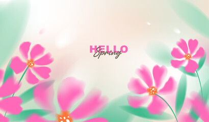 Hello spring vector background with beautiful pink cosmos flowers and green grass. Soft pastel watercolor floral template for greeting card, wedding, seasonal sale banner and wallpaper. © TripleP Studio
