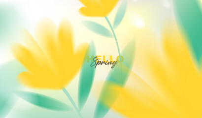 Obraz premium Hello spring vector background with abstract blurred yellow flowers and green leaves. Soft pastel watercolor floral template for greeting card, easter, seasonal sale banner, posters and wallpaper.