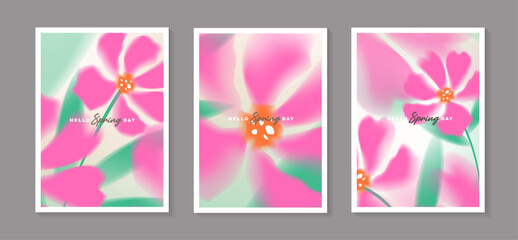Set of spring vector posters with abstract blurred pink flowers. Collection of soft pastel watercolor floral covers template for greeting card, holiday invitation, banner and wall art decor. © TripleP Studio