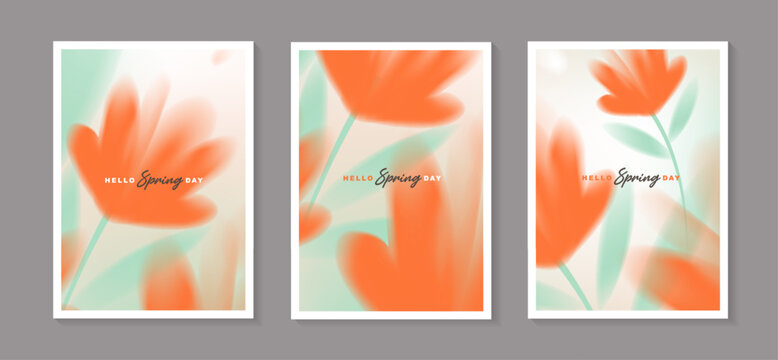 Set of spring vector posters with abstract blurred orange flowers. Collection of soft pastel watercolor floral covers template for greeting card, holiday invitation, banner and wall art decor.