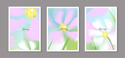 Set of spring floral poster templates with abstract blurred soft focus flowers background, pastel gradient cosmos flower illustration for greeting card, wedding invitation, vertical banner design. © TripleP Studio