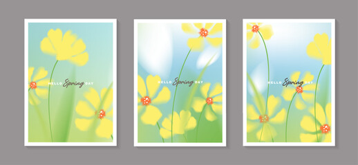 Set of spring vector posters with yellow cosmos flowers. Collection of soft pastel watercolor floral covers template on blue sky for greeting card, easter, seasonal sale vertical banner, wall art. © TripleP Studio