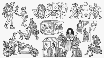 Obraz premium A Diverse Collection of People in Modern Lifestyle Scenes Featuring Illustration of Future Technology and Active Daily Life Activities