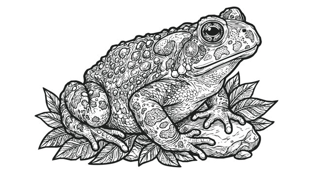 Detailed Line Art Illustration of a Warty Toad Amphibian in Nature Sitting on a Rock with Decorative Leaves for Adult Coloring Book