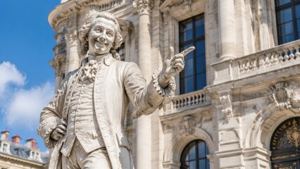 Obraz premium A detailed white stone statue of a man in historical attire smiles and points forward, positioned in front of an ornate, grand classical building