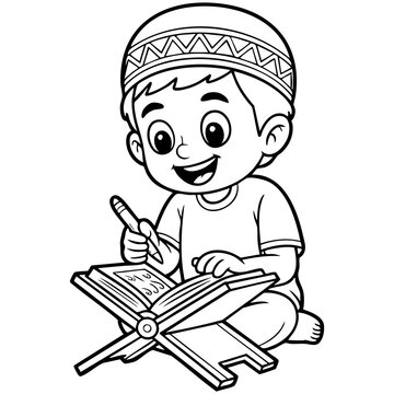 Young Muslim Boy Reading Quran on Wooden Stand With Kufi Cap and Pen Line Art Illustration Isolated on a Transparent or White Background
