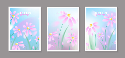 Set of spring floral poster templates with abstract blurred pink cosmos flowers background, soft focus blooming daisies illustration for vertical banner, social media story, greeting card design © TripleP Studio