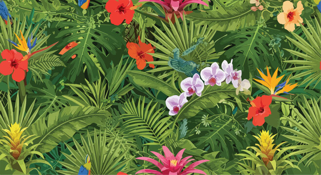 Tropical seamless pattern with exotic jungle leaves and flowers, lush botanical background with hibiscus and orchids, green palm leaf vector wallpaper