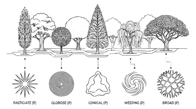 A detailed botanical illustration of tree shapes for landscape architecture and dendrology projects, identifying various tree forms and structures.
