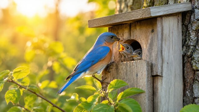 Male bluebird feeding chicks at a wooden nest box in a sunlit spring garden during golden hour