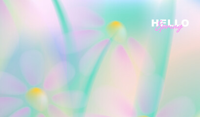 Hello spring greeting card vector background with dreamy pastel pink and purple daisy flowers, soft abstract gradient bokeh for romantic seasonal banner, easter flyer, poster and wallpaper design. © TripleP Studio