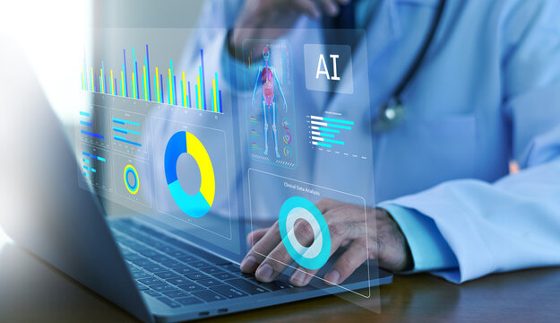 Doctor in medical science technology concept, A physician uses medical AI technology to review patient data through digital documents within a hospital information system.
