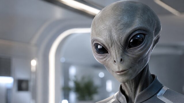 Photorealistic close-up portrait of a grey humanoid alien with large black eyes in a sleek futuristic spaceship interior