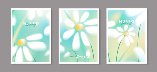 Hello spring poster template vector set, vertical greeting card banner collection with beautiful white daisy flowers blooming in soft green blue pastel background for seasonal holiday design. © TripleP Studio