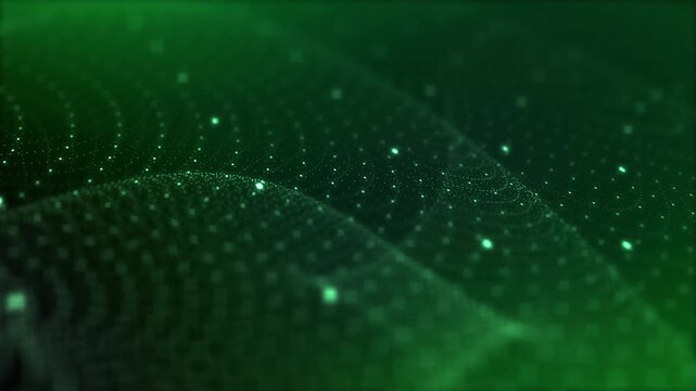 Green particle mesh wave loop. Dynamic glowing cyberspace dots for big data, artificial intelligence, and technology background.