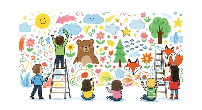 Hand drawn children mural illustration, kids painting colorful wall art with animals and nature, creative school classroom activity vector