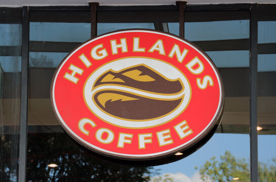 Highlands Coffee Shop Sign on Glass Wall Exterior, Nha Trang, Vietnam, January 26, 2026