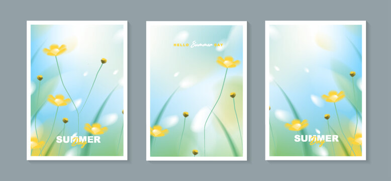 Abstract fluid summer meadow yellow flower gradient background set, vertical poster cover design template with green grass sunny blue sky liquid wave, modern bright bokeh light mesh brochure.