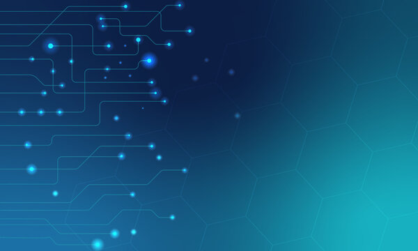 Abstract Technology Background with Digital Circuit Lines and Hexagon Network Grid Blue Futuristic Vector