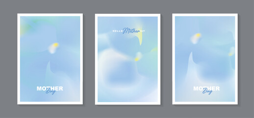 Mother's day greeting card template set, abstract soft blue fluid liquid shape gradient background with jasmine flower blur effect, elegant minimal poster banner cover design vector illustration © TripleP Studio