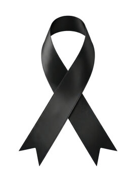 A black satin awareness ribbon, a symbol of mourning and remembrance, isolated on a clean white background.