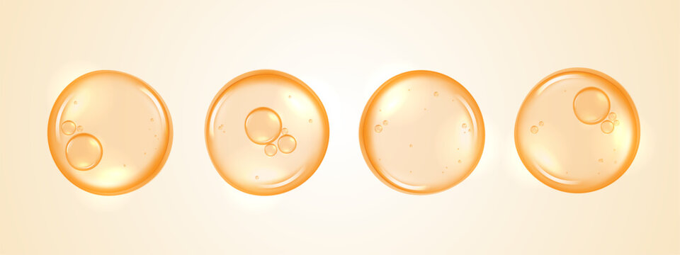 Set of golden collagen serum capsules and cream molecules isolated on light background. Vector realistic orange oil drops, vitamin C macro cell structures for cosmetic ingredient product design.
