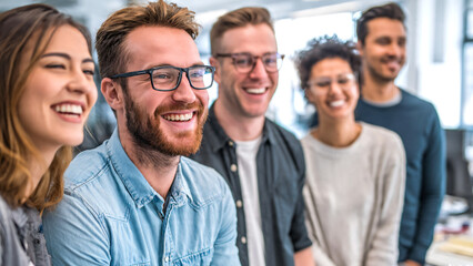 Obraz premium Young office professionals gathered together in a bright contemporary workplace, smiling, laughing, and enjoying a positive team environment, highlighting workplace friendship.