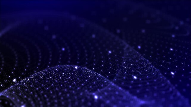 Blue particle mesh wave loop. Dynamic glowing cyber space dots for big data, artificial intelligence, and technology background.