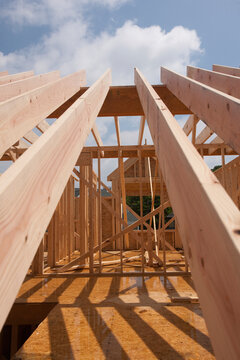 Low angle view of roof rafters of a house
