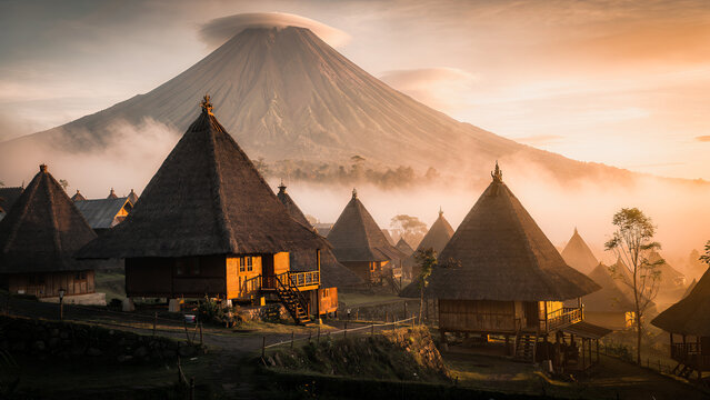 Traditional Musalaki houses with towering conical roofs, volcanic backdrops, atmospheric mist, cinematic sunrises, heritage architecture in the East Nusa Tenggara (NTT) region of Indonesia.