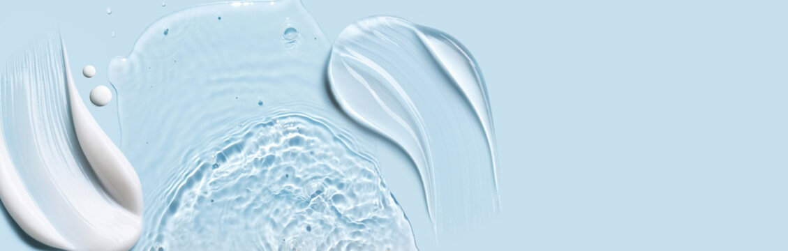 cosmetic cream smears, smooth and shiny texture, water texture ripple wave clean transparent water drops abstract blue background