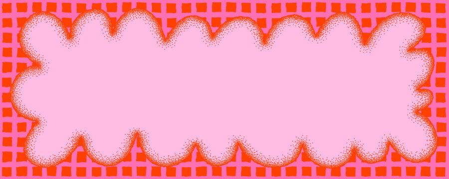 Funky frame with wavy groovy border with dotted texture on seamless background in pink and red colors. Wavy, abstract shape frame template for cards, banners and scrapbook designs.