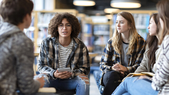 Teen students sitting in a classroom-style therapy circle with a caring psychologist during a peer support discussion in a contemporary sunlit library.