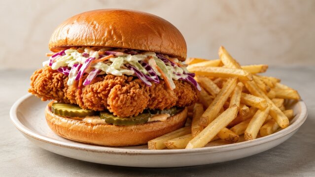 Crispy fried chicken sandwich with creamy coleslaw, pickles and a brioche bun served with golden French fries on a plate