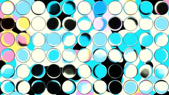 3D animated loop of playful retro yellow and blue glass spheres over a colorful morphing fluid geometric grid background