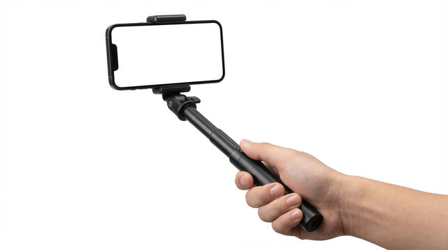 Side view of a person holding a smartphone on a black selfie stick against a clean white background for vlogging or social media photography use