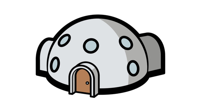 Cartoon illustration of a grey stone igloo with brown wooden door on white background