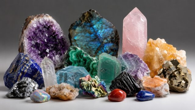 Assorted colorful mineral specimens and polished crystals arranged on a neutral background, featuring geode sections, towers, clusters and tumbled stones
