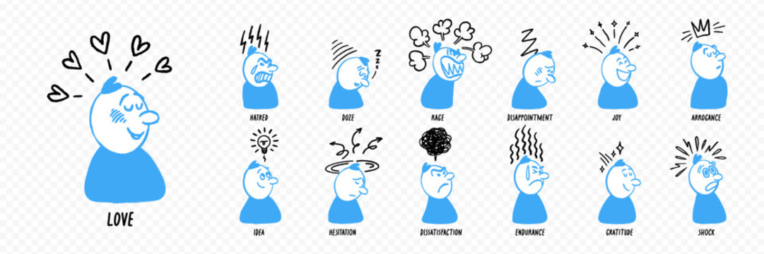 Comic character set with line doodle expressive faces and motion effects showing emotions from love and joy to rage, shock, and hesitation. Comic character expressions with line effects.